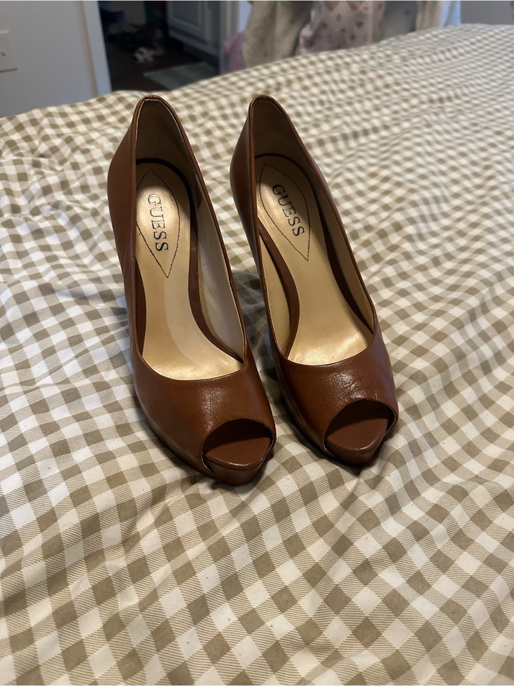 Guess Women's Open-Toe High Heel Pumps in Cognac Brown